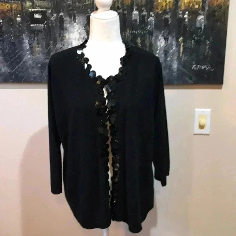 Black Open Front Acrylic Cardigan Sweater with Beaded Sequins 3/4 Sleeves 1X